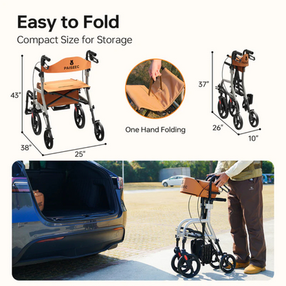 A collage features the Paiseec R1 2-in-1 Rollator Walker Transport Chair in orange and silver, sized 43 x 25 x 38. This lightweight rollator easily folds with one hand for convenient mobility support. A person places it effortlessly into a car trunk.