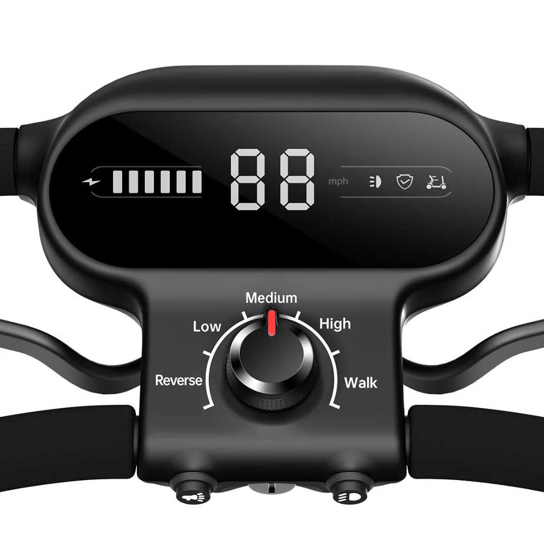 A close-up of the Paiseec S1 Portable Electric Mobility Scooter dashboard reveals a digital speedometer at 88 mph. The durable controls feature a knob with settings for reverse, low, medium, high, and walk. A red indicator points to Medium, showcasing its all-terrain performance.