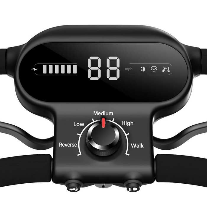 A close-up of the Paiseec S1 Portable Electric Mobility Scooter dashboard reveals a digital speedometer at 88 mph. The durable controls feature a knob with settings for reverse, low, medium, high, and walk. A red indicator points to Medium, showcasing its all-terrain performance.