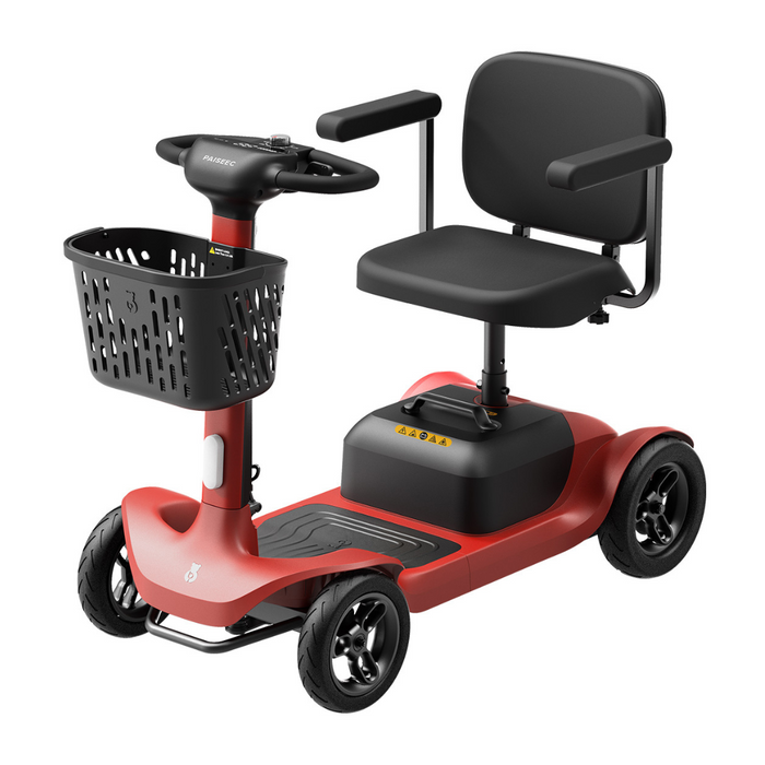 The Paiseec S1 Portable Electric Mobility Scooter features a red four-wheel design with a black cushioned seat, armrests, and front basket. Its handlebar controls offer easy navigation, while its robust build ensures comfortable all-terrain travel up to 25 miles.