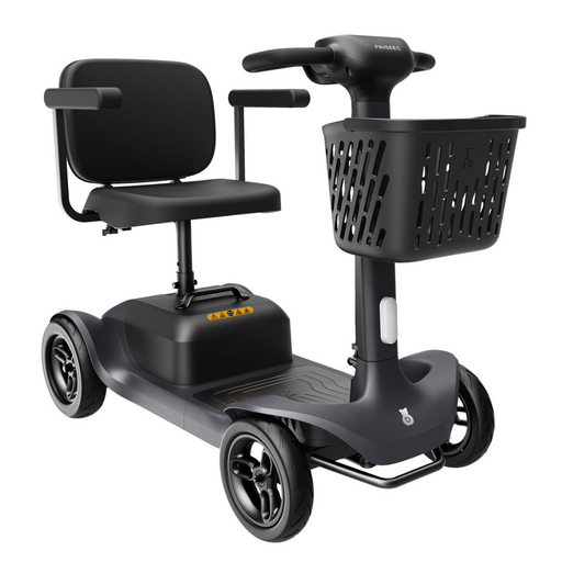 The Paiseec S1 Portable Electric Mobility Scooter offers modern design with four wheels, a padded seat, armrests, and a front basket. Perfect for personal transport assistance, it features an all-terrain capability and an impressive 25-mile range.