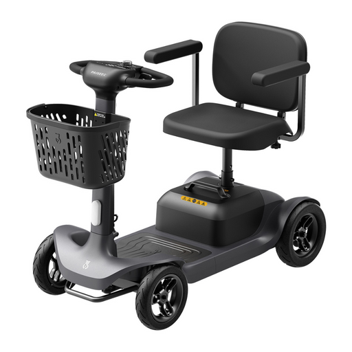 The Paiseec S1 Portable Electric Mobility Scooter in grey has black seating, four wheels, handlebar controls, and a front-mounted basket. It boasts a strong build for all-terrain use and long travel range while maintaining a minimalist, modern look. .