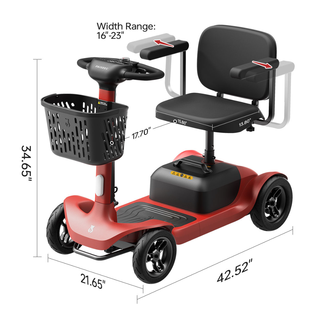 The Paiseec S1 Portable Electric Mobility Scooter, in red, offers robust all-terrain performance with dimensions of 34.65 x 42.52 x 21.65. It includes a black padded seat with adjustable armrests (16-23), a front basket, and a sturdy handlebar for extended travel up to 25 miles.