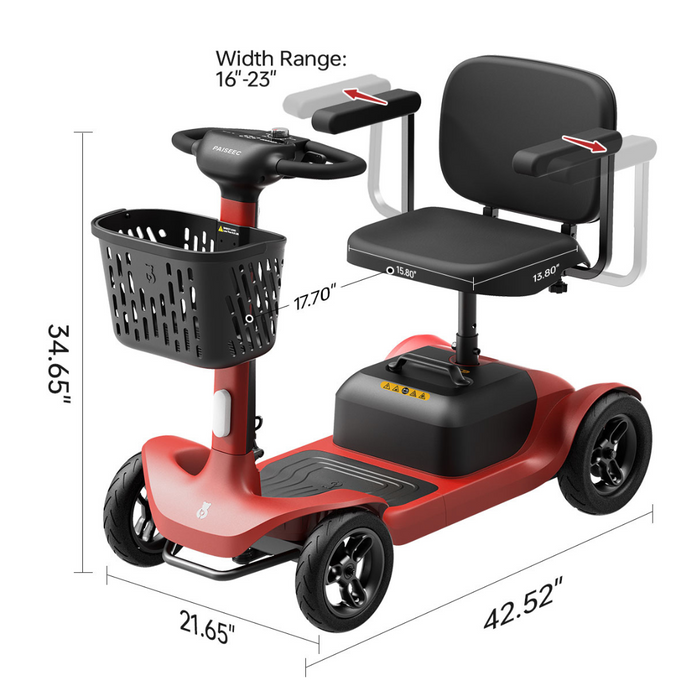 The Paiseec S1 Portable Electric Mobility Scooter, in red, offers robust all-terrain performance with dimensions of 34.65 x 42.52 x 21.65. It includes a black padded seat with adjustable armrests (16-23), a front basket, and a sturdy handlebar for extended travel up to 25 miles.