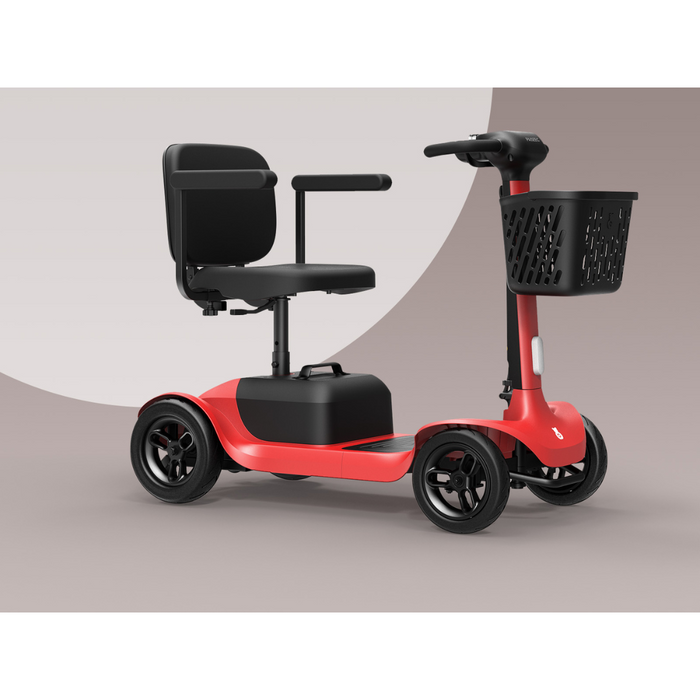 The Paiseec S1 Portable Electric Mobility Scooter features a red frame, black seat and armrests, a front basket, all-terrain four-wheel stability, and is set against a neutral abstract background. It promises up to a 25-mile range.