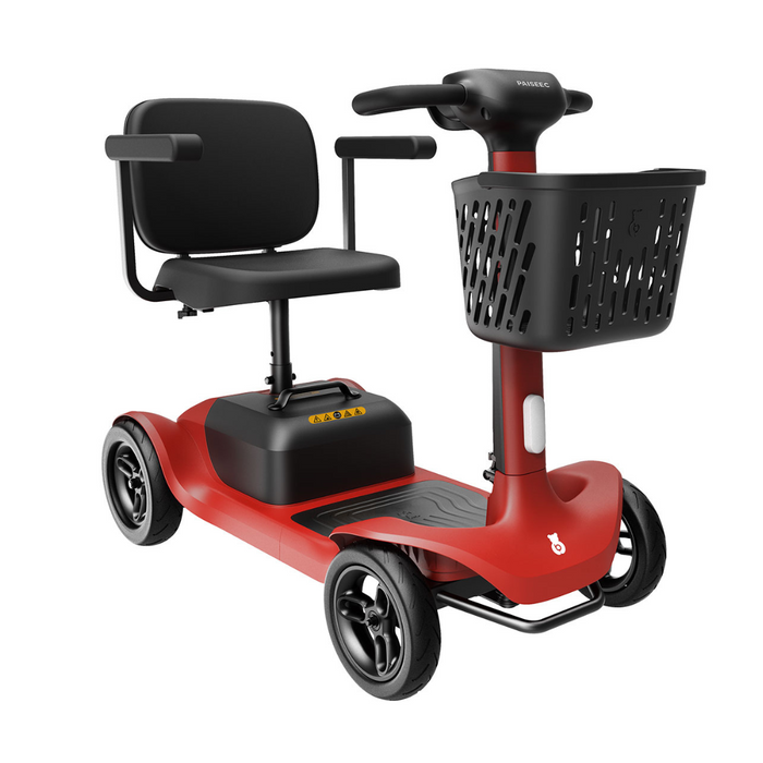 The Paiseec S1 Portable Electric Mobility Scooter features a red four-wheel design with a black seat, armrests, handlebar controls, and a front basket. It delivers all-terrain performance and showcases a modern, compact build. Enjoy up to a 25-mile range.