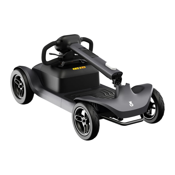 The Paiseec S1 Portable Electric Mobility Scooter boasts a sleek black design with a compact frame, three wheels for stability, and a handle for easy maneuvering. Its large sporty wheels suggest all-terrain capability and superior ride quality, offering an extended range of up to 25 miles.