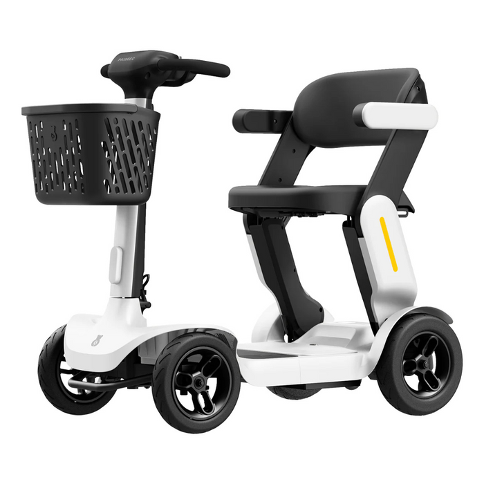 The Paiseec S3 Portable Mobility Scooter with Smart PAI Safety System has a sleek, white and black compact design, an easy folding mechanism, a front basket, a comfy seat with armrests, and four wheels for stability.