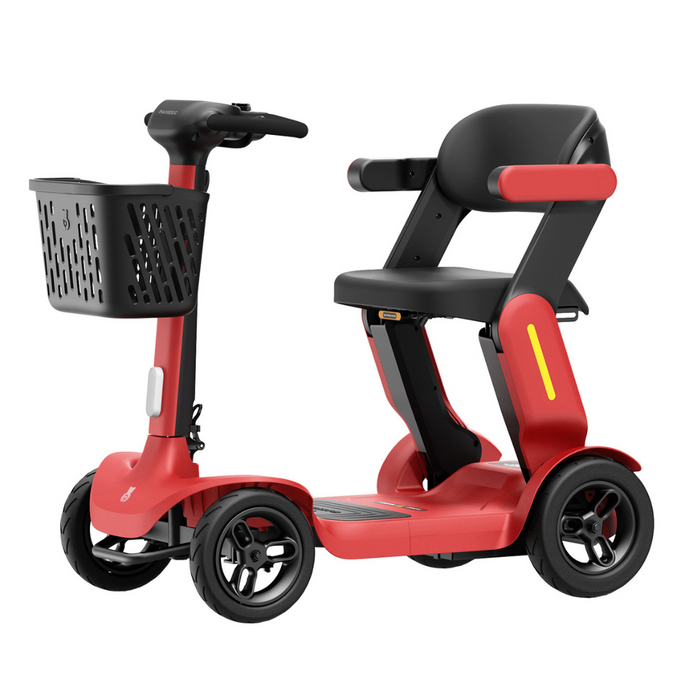 The Paiseec S3 Portable Mobility Scooter, in red and black, offers powerful performance with four wheels and a front basket. It features a comfy seat with armrests, a low step-through frame for easy access, and an extended battery life for long journeys.