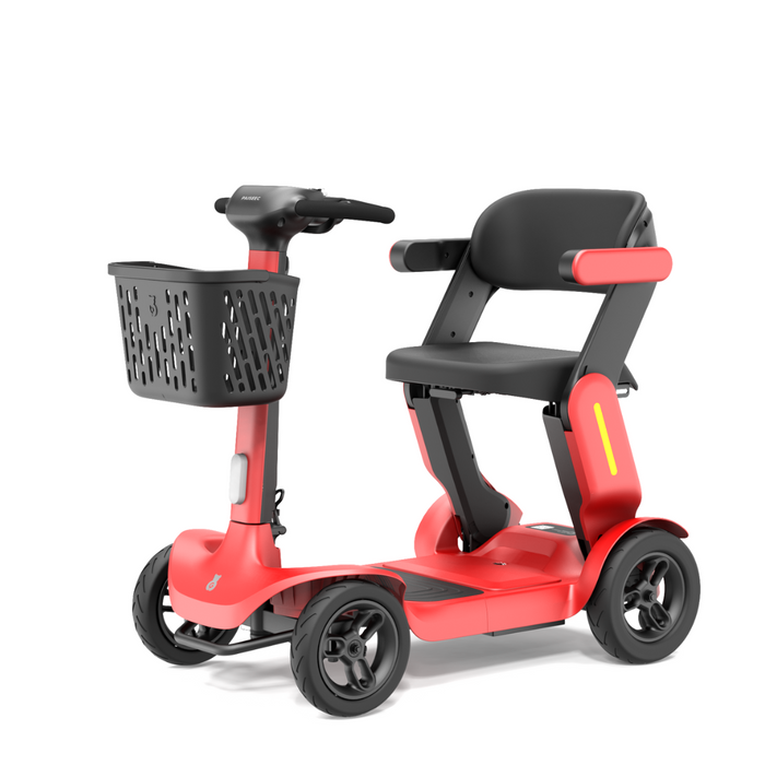 The Paiseec S3 Portable Mobility Scooter, featuring a red design, black seat, front basket, and four wheels, offers a minimalistic look with armrests and handlebar steering for powerful and reliable performance. It includes the Smart PAI Safety System for enhanced safety on journeys.