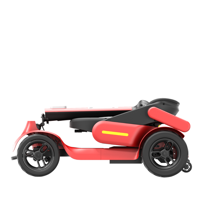 The Paiseec S3 Portable Mobility Scooter, showcased in red and black, is folded to highlight its easy folding mechanism. It has a sleek three-wheel design with a larger front wheel and offers powerful performance, enhanced by the Smart PAI Safety System.