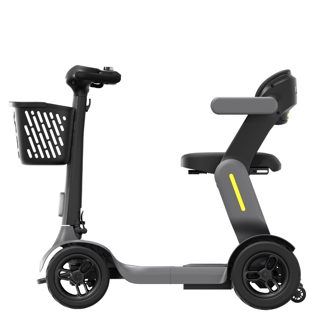 The Paiseec S3 Portable Mobility Scooter boasts a sleek gray frame with black accents, four wheels, a basket-equipped steering column, and a cushioned seat with armrests. Its compact design ensures powerful performance and long battery life, ideal for personal transportation.