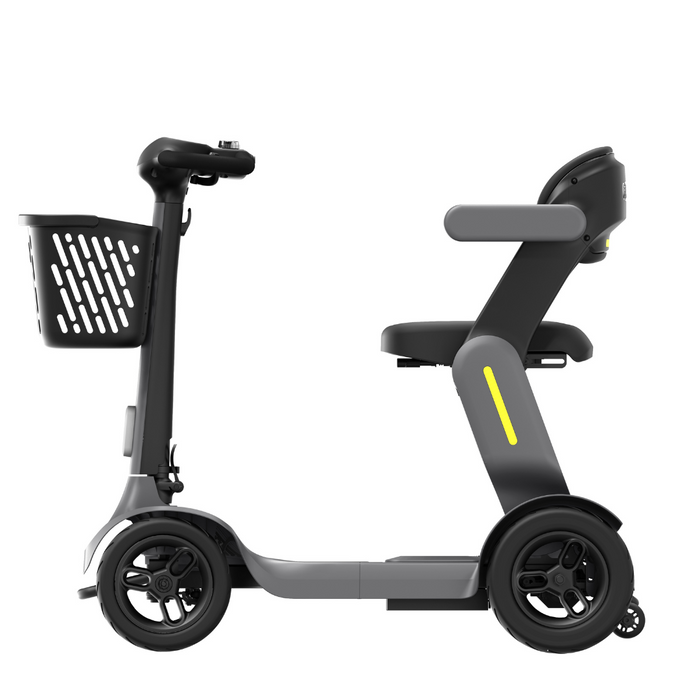 The Paiseec S3 Portable Mobility Scooter boasts a sleek gray frame with black accents, four wheels, a basket-equipped steering column, and a cushioned seat with armrests. Its compact design ensures powerful performance and long battery life, ideal for personal transportation.