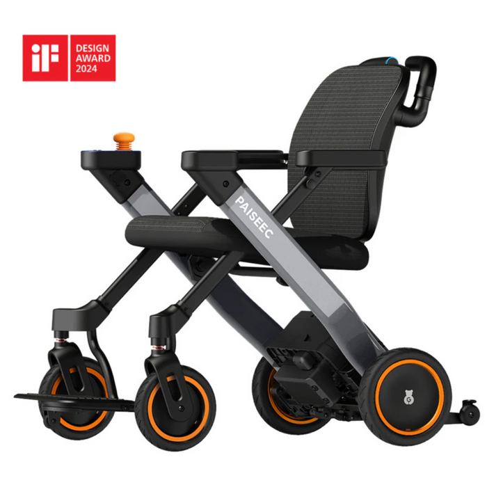 The Paiseec W3 3-in-1 Ultralite Electric Wheelchair is a modern, foldable wheelchair with a sleek black design and orange wheel accents. It features an ergonomic seat, is compact and lightweight, and proudly displays the iF Design Award 2024 badge in the top left corner.