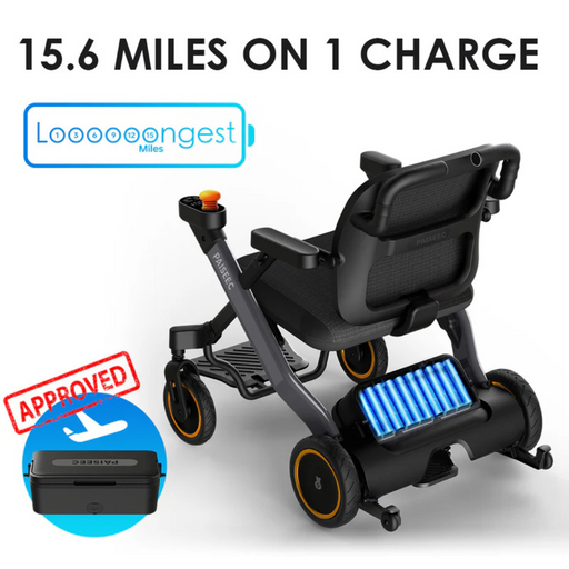 The Paiseec W3 3-in-1 Ultralite Electric Wheelchair features a stylish black design with orange accents. It boasts a range of 15.6 miles on a single charge, and an approved battery icon highlights its long battery life.