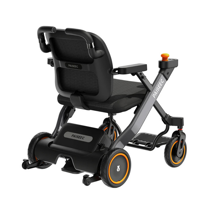 The Paiseec W3 3-in-1 Ultralite Electric Wheelchair features a folding design, four wheels, a black frame with orange accents, padded seat, armrests, backrest, and a black footrest. It includes joystick control and a red emergency button for enhanced safety.