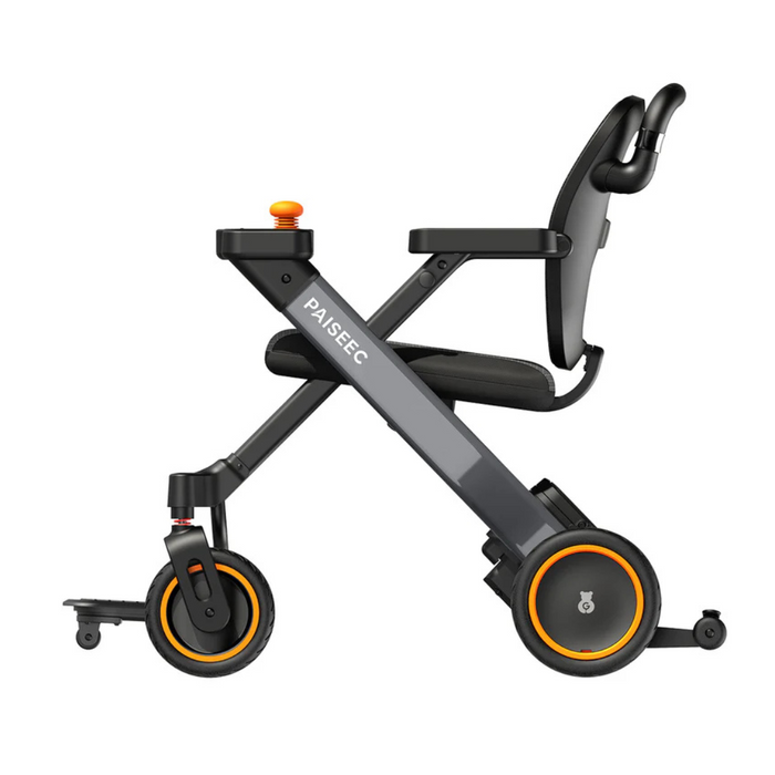 Side view of a modern Paiseec W3 3-in-1 Ultralite Electric Wheelchair in black with orange-rimmed wheels. The sleek, foldable design features a joystick control, padded seat, and backrest for comfort, with the brand name visible on the frame.