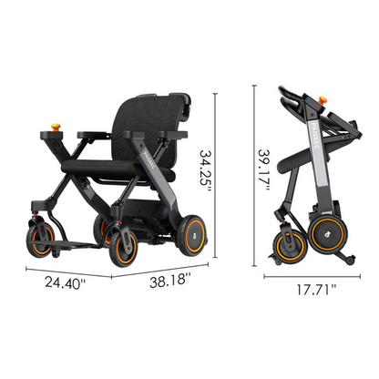 The Paiseec W3 3-in-1 Ultralite Electric Wheelchair Rollator Combo is a sleek foldable mobility scooter showcasing unfolded dimensions of 38.18L x 24.40W x 34.25H and compactly folding to 17.71W x 39.17H, with a black frame and vibrant orange wheel accents.