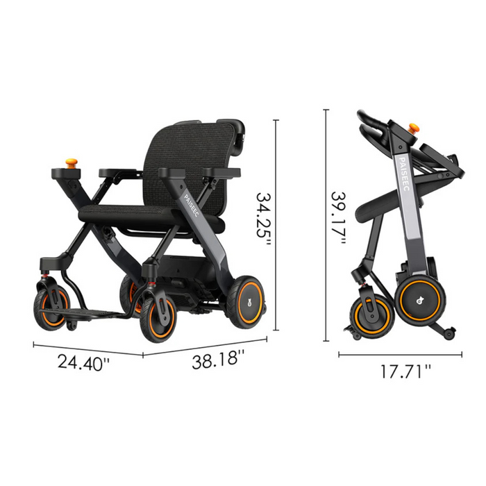 The Paiseec W3 3-in-1 Ultralite Electric Wheelchair is foldable with dimensions of 38.18 L x 24.40 W x 34.25 H when extended and 39.17 H x 17.71 D when folded. It features a black frame with orange accents on the wheels, perfect for versatile mobility needs.