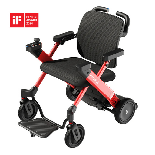 The Paiseec W3 3-in-1 Ultralite Electric Wheelchair is a modern black and red transport chair with joystick control and dual front wheels for maneuverability. The iF Design Award 2024 logo is displayed in the top left corner.