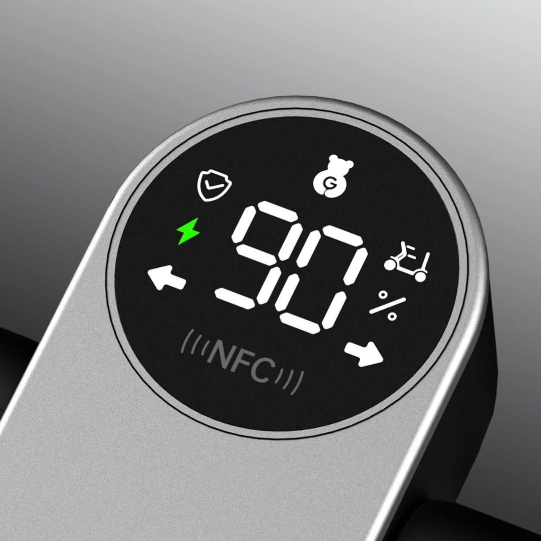 Close-up of the Paiseec L5 Portable Mobility Scooter's silver electronic display, showing 90% charge, protection and power signals, a scooter icon, and an NFC symbol below the numbers.