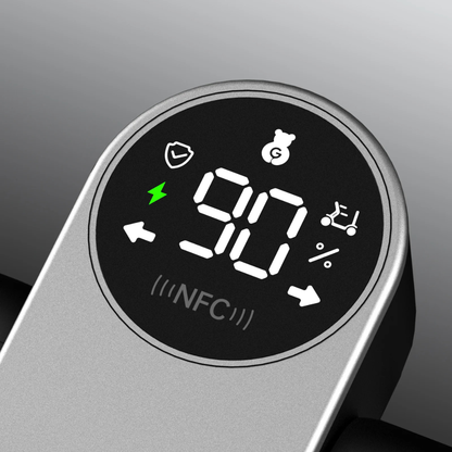 Close-up of the Paiseec L5 Portable Mobility Scooter's silver electronic display, showing 90% charge, protection and power signals, a scooter icon, and an NFC symbol below the numbers.