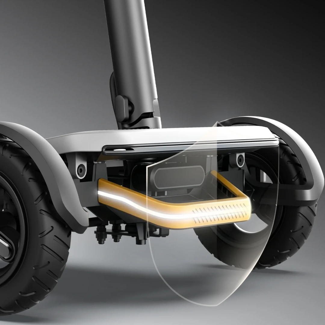 Close-up view of the front wheel and undercarriage of the Paiseec L5 Portable Mobility Scooter, showcasing its suspension and structural features against a neutral background—perfect for customers needing detailed product insights.