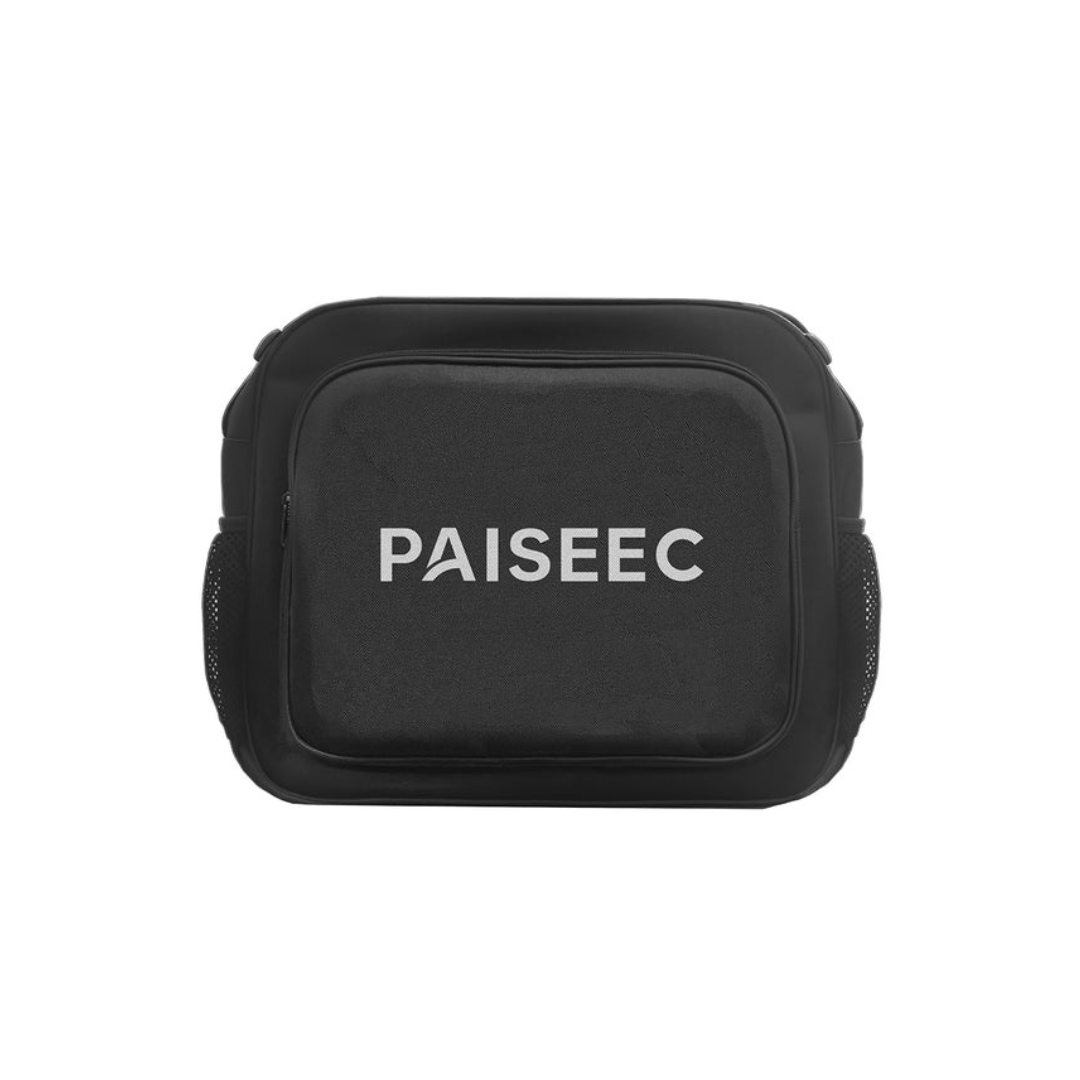 A black rectangular Paiseec Electric Wheelchair Parts & Accessories bag with large white "PAISEEC" lettering on the front pocket, mesh side pockets, and a convenient W3 Storage Pocket.