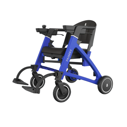 The Paiseec FLEX 3-in-1 Lightweight Folding Mobility Device is a modern blue and black electric wheelchair featuring four wheels, elevated footrests, and ergonomic armrests. Designed for easy transport, this folding mobility device is shown on a white background.