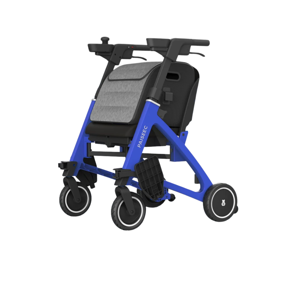 The Paiseec FLEX 3-in-1 Lightweight Folding Mobility Device is a modern blue and black mobility aid featuring four wheels, a cushioned seat, and convenient handles. Designed for easy portability and transport, this folding wheelchair is pictured against a white background.