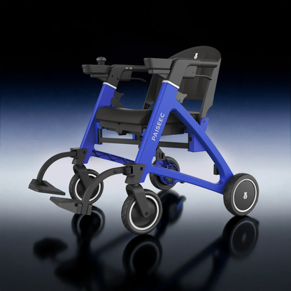 A modern Paiseec FLEX 3-in-1 Lightweight Folding Mobility Device in blue and black is displayed against a gradient blue and black background. Featuring four wheels, intuitive joystick control, and a sleek minimalist design, this electric wheelchair offers a stylish and functional solution for those seeking a lightweight, foldable mobility device.