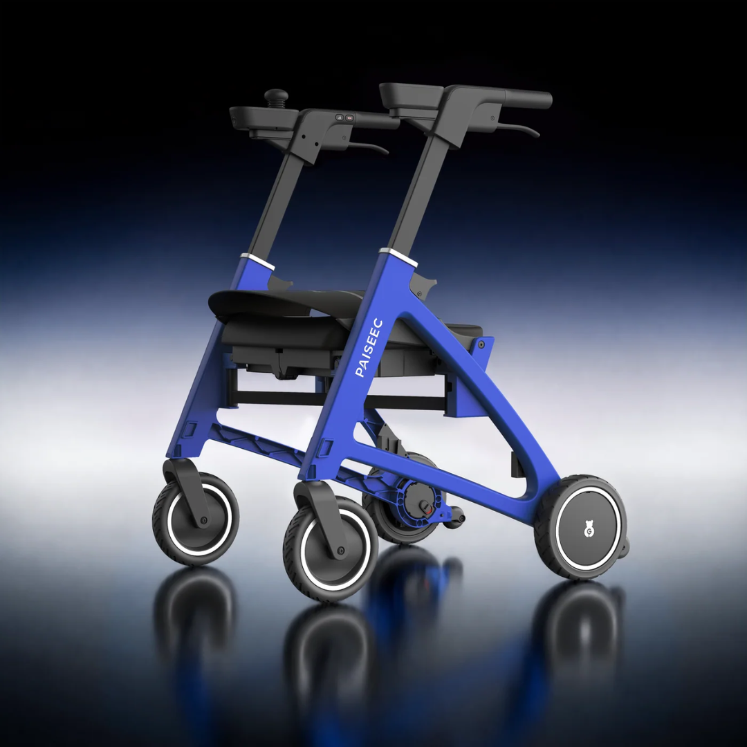 A Paiseec FLEX 3-in-1 Lightweight Folding Mobility Device in modern blue, featuring four wheels, a seat, and ergonomic handles, stands on a reflective surface against a black-to-blue gradient background—highlighting its sleek and lightweight folding design.