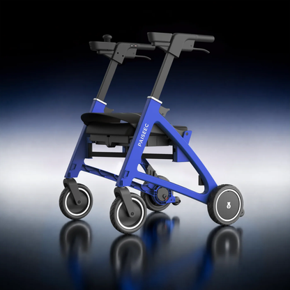 A Paiseec FLEX 3-in-1 Lightweight Folding Mobility Device in modern blue, featuring four wheels, a seat, and ergonomic handles, stands on a reflective surface against a black-to-blue gradient background—highlighting its sleek and lightweight folding design.