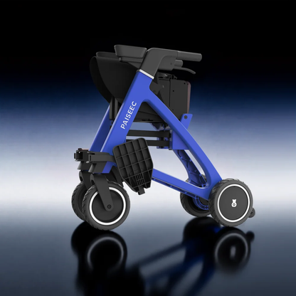 A modern, compact, blue folding mobility scooter—the Paiseec FLEX 3-in-1 Lightweight Folding Mobility Device—features an innovative three-wheel design with the PAISEC logo on the frame, showcased against a gradient black and blue background.
