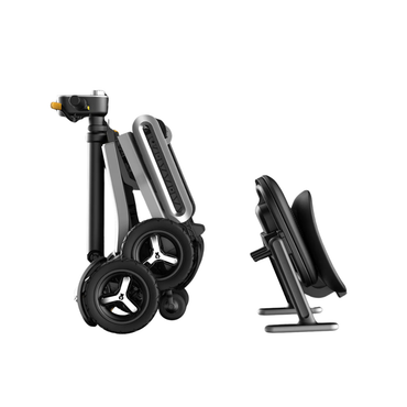 The Paiseec L5 Portable Mobility Scooter is shown folded for storage with a sleek black and metallic design—ideal for those seeking a stylish, space-saving travel solution.