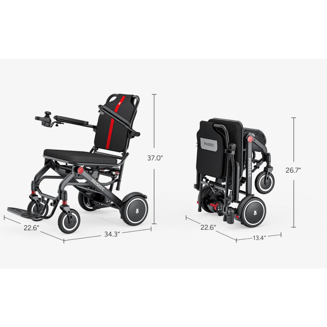 Two views of the Piaseec Q3 Ultra Lightweight Electric Wheelchair: fully open (34.3"L x 22.6"W x 37"H) and folded (22.6"W x 13.4"D x 26.7"H), with a black frame, red accents, and airline-friendly convenience.