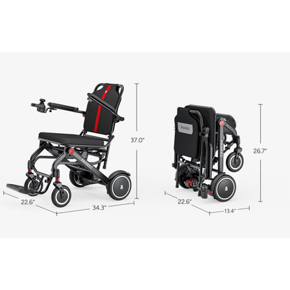 Two views of the Piaseec Q3 Ultra Lightweight Electric Wheelchair: fully open (34.3"L x 22.6"W x 37"H) and folded (22.6"W x 13.4"D x 26.7"H), with a black frame, red accents, and airline-friendly convenience.