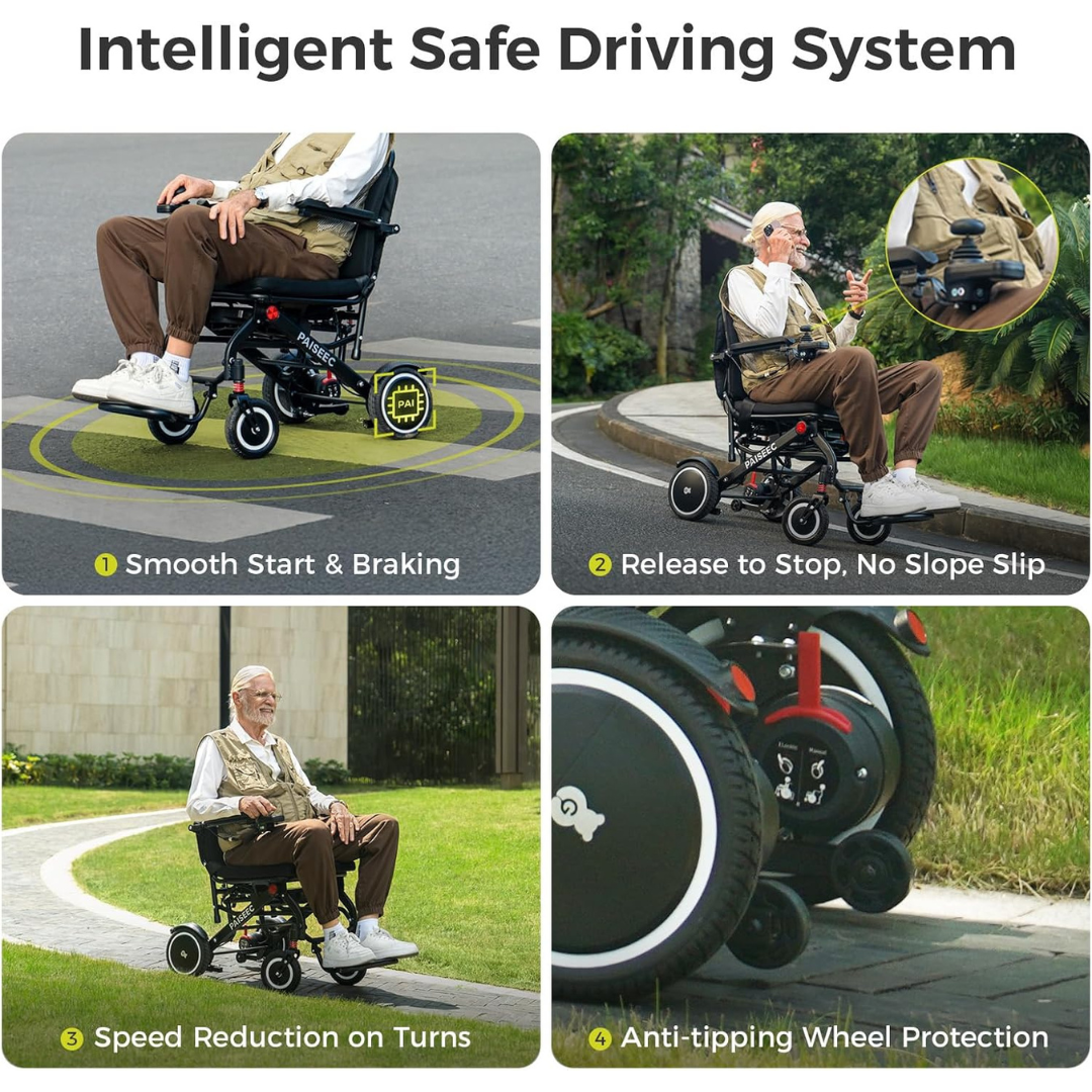 Four images display an elderly man outdoors using the Piaseec Q3 Ultra Lightweight Electric Wheelchair, featuring smooth braking, release-to-stop, speed reduction on turns, and anti-tipping wheel protection.