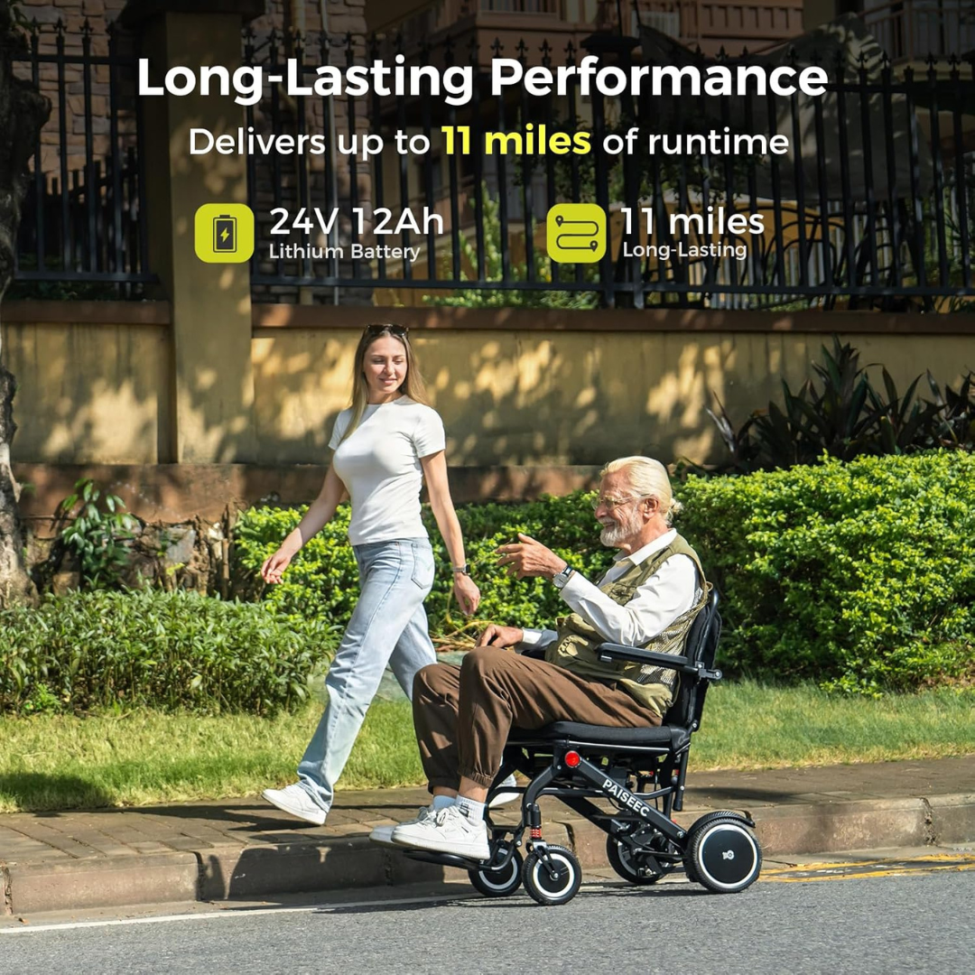 A young woman walks beside an elderly man using the Piaseec Q3 Ultra Lightweight Electric Wheelchair. Image text highlights long-lasting performance—up to 11 miles of runtime and a 24V 12Ah lithium battery.