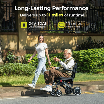 A young woman walks beside an elderly man using the Piaseec Q3 Ultra Lightweight Electric Wheelchair. Image text highlights long-lasting performance—up to 11 miles of runtime and a 24V 12Ah lithium battery.