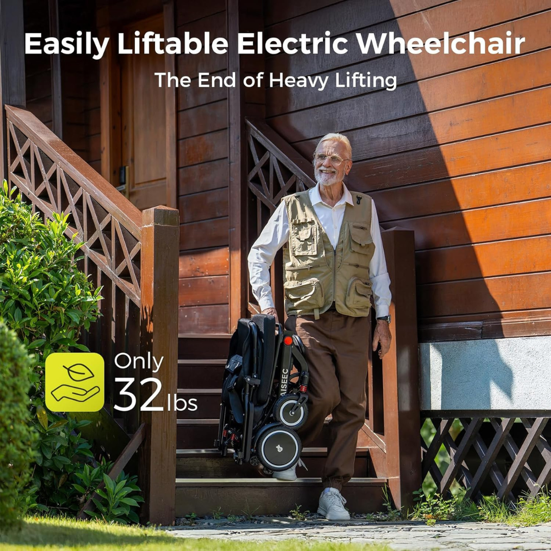 An older man smiles as he easily lifts a folded Piaseec Q3 Ultra Lightweight Electric Wheelchair down porch steps. Text: Easily Liftable. The End of Heavy Lifting. Only 32 lbs, with a feather-in-hand icon.