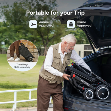 An older man loads the Piaseec Q3 Ultra Lightweight Electric Wheelchair into a car trunk. Text: “Portable for your Trip,” “Airline Approved,” “Cruise Approved.” Inset shows a travel bag and says, “Travel bags sold separately.”.