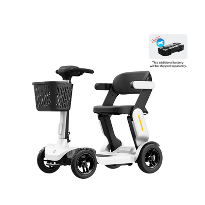 The Paiseec S3 Portable Mobility Scooter with Smart PAI Safety System features a compact white and black design, a cushioned seat, and a front basket. Note: Battery ships separately.