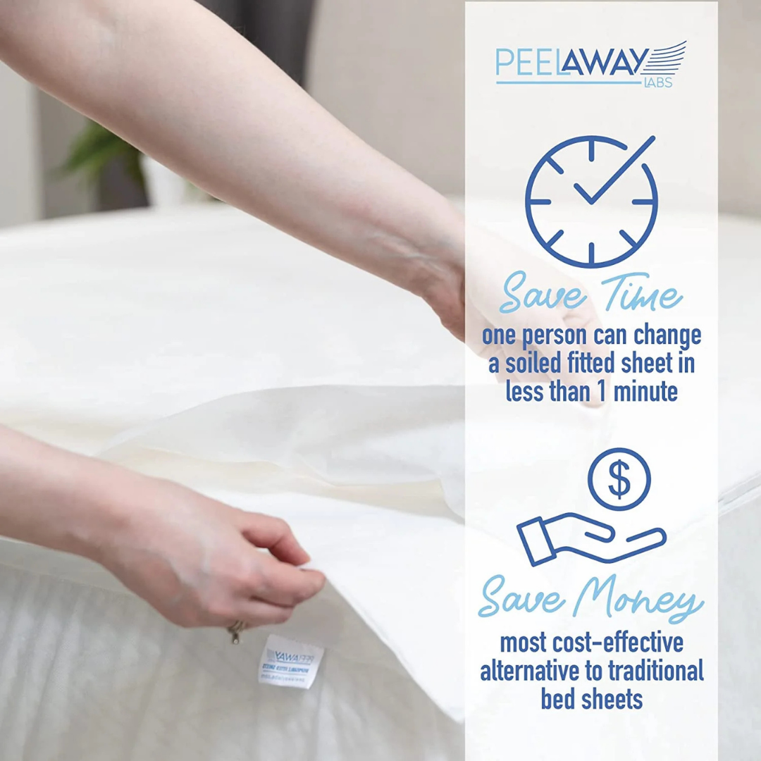 A person changes a Peelaways Multi-Layer Disposable & Waterproof Fitted Sheet. Text reads: “Save time: one person can change this caregiver-friendly sheet in under 1 minute. Save money: the most cost-effective alternative to traditional sheets.”.