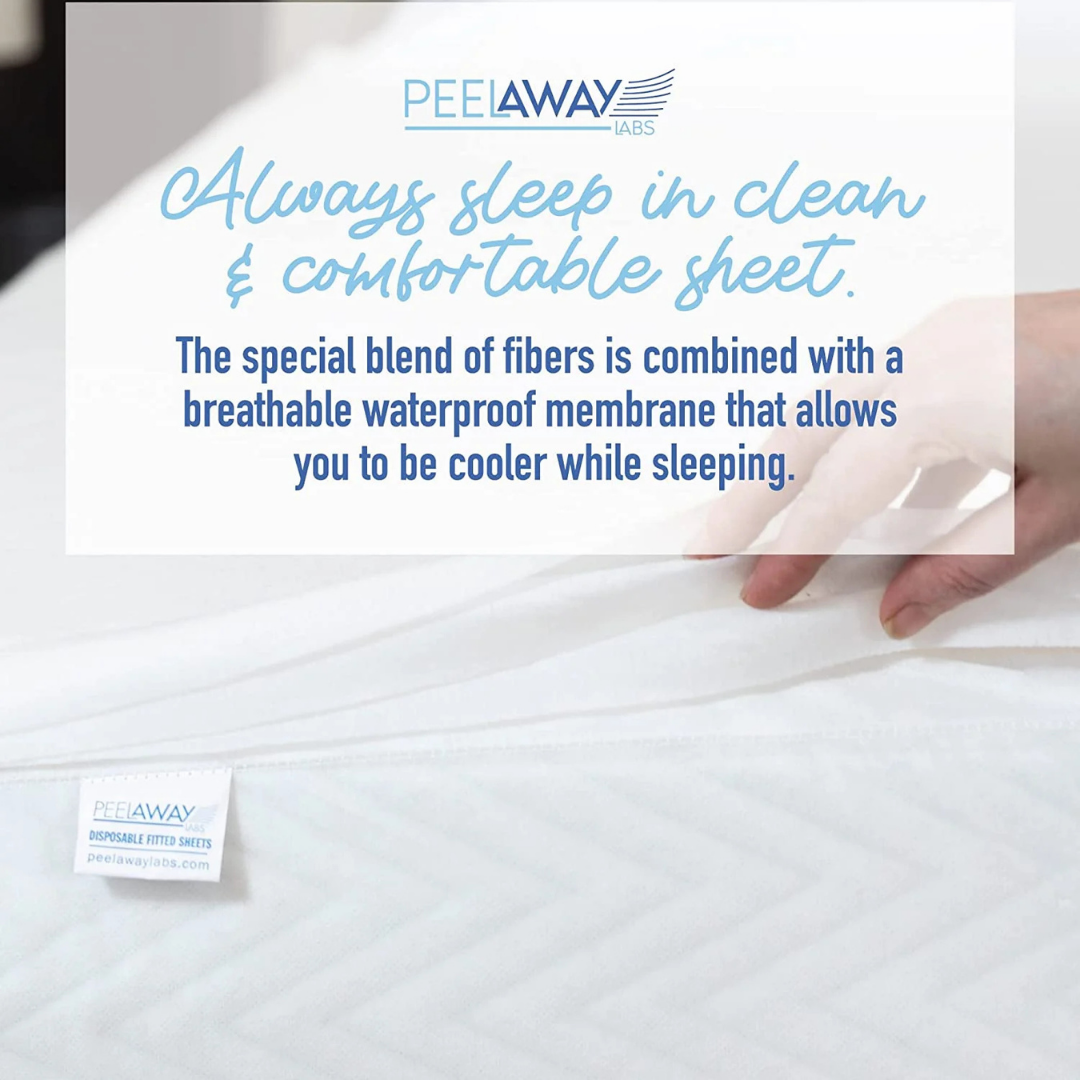 A hand touches a Peelaways Multi-Layer Disposable & Waterproof Fitted Sheet on a bed. Text: Always sleep in clean, comfortable sheets. These caregiver-friendly fitted sheets offer waterproof protection and breathability for cooler sleep.