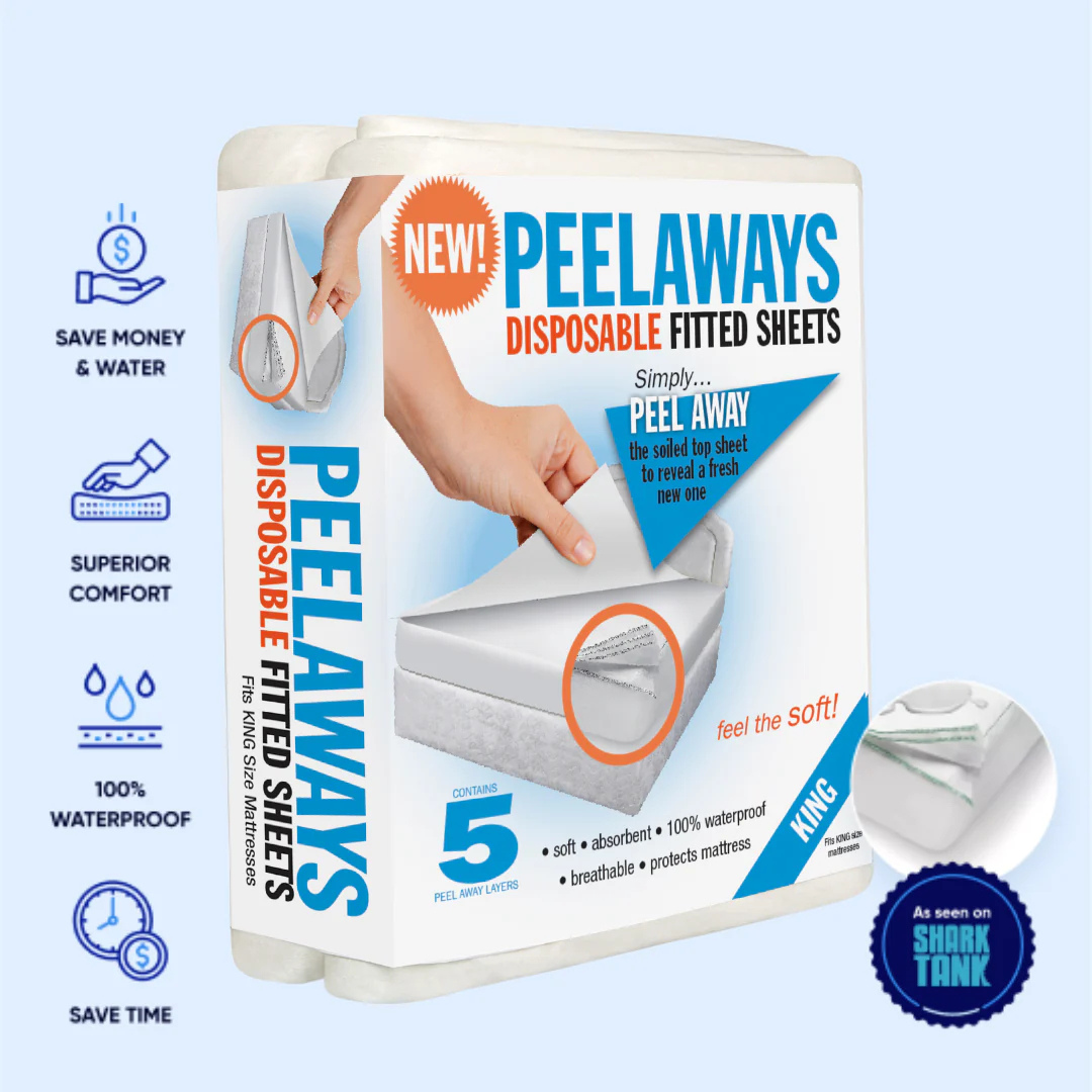 Packaging for Peelaways Multi-Layer Disposable & Waterproof Fitted Sheets features a hand peeling off a layer. Text highlights: 5 sheets, waterproof, absorbent, king size fit, caregiver-friendly, seen on Shark Tank—plus key product benefits.