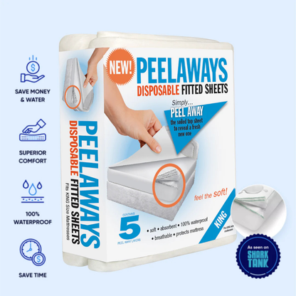 Packaging for Peelaways Multi-Layer Disposable & Waterproof Fitted Sheets features a hand peeling off a layer. Text highlights: 5 sheets, waterproof, absorbent, king size fit, caregiver-friendly, seen on Shark Tank—plus key product benefits.