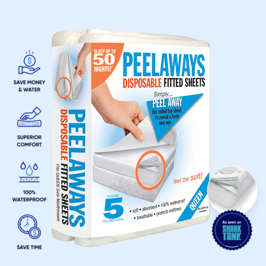 Peelaways Multi-Layer Disposable & Waterproof Fitted Sheets, Queen size, 5 layers, with a hand peeling a sheet; 100% waterproof, soft and absorbent, caregiver-friendly; features “As seen on Shark Tank” logo.