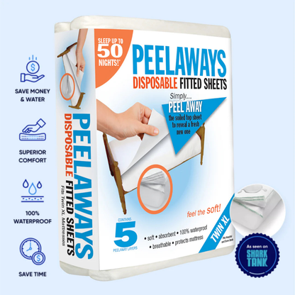 Packaging for Peelaways Multi-Layer Disposable & Waterproof Fitted Sheets highlights waterproof, time-saving layers. Caregiver-friendly packs include 5 sheets; just peel off the top one for an instantly fresh bed—no laundry needed!.