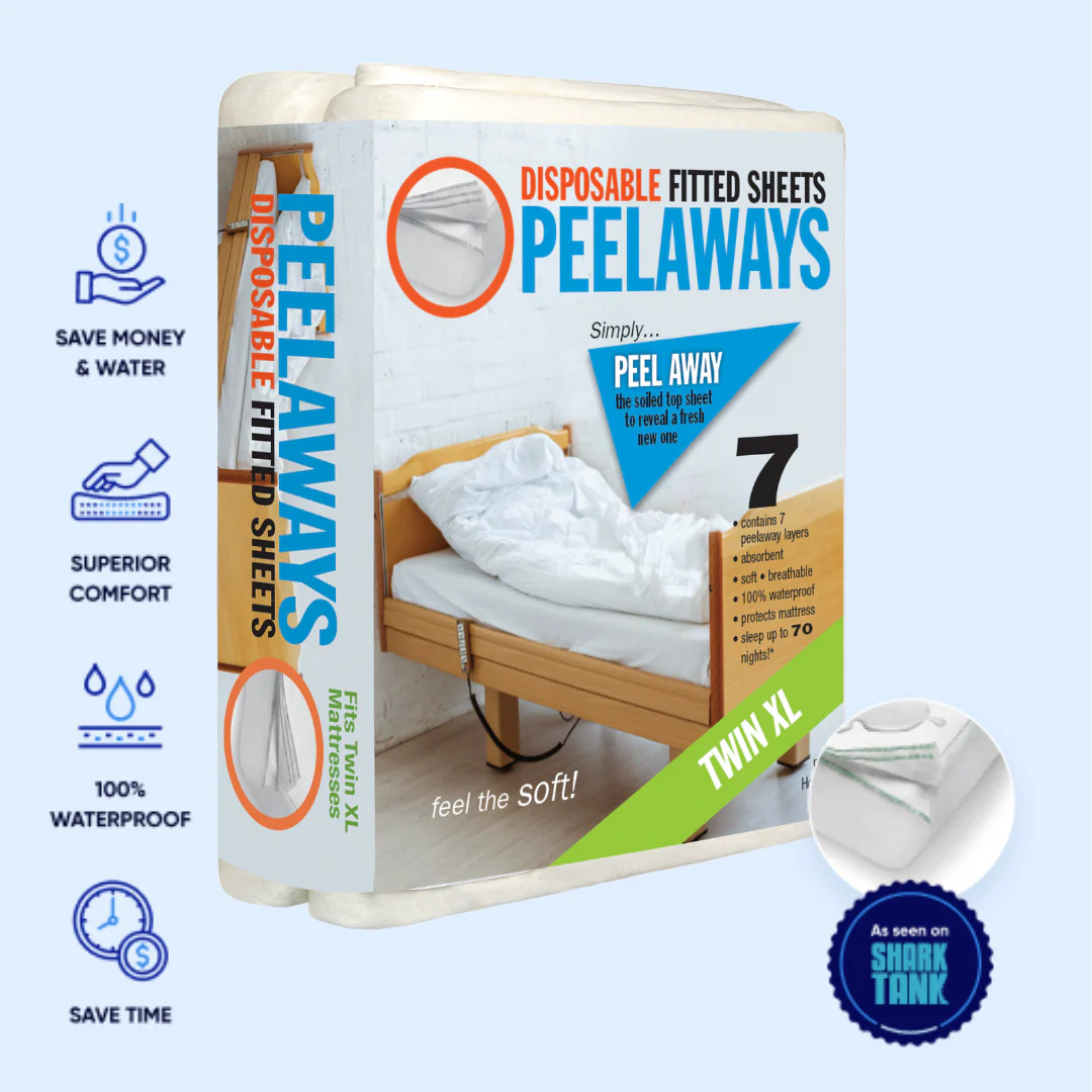 A box of Peelaways Multi-Layer Disposable & Waterproof Fitted Sheets for Twin XL beds includes 7 cost-saving, comfortable, caregiver-friendly sheets with waterproof protection and an “As seen on Shark Tank” badge.